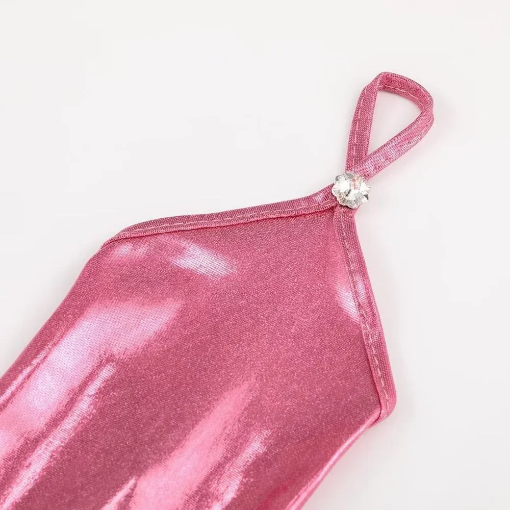 Women's Pink Shiny Elastic Satin Rave Fingerless Long Gloves Party Costume